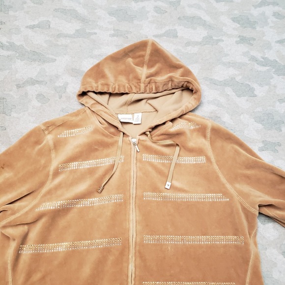 Zenergy By Chico's Sweatshirt Womens 2 Tan Velour Full Zip Hooded - Picture 3 of 10